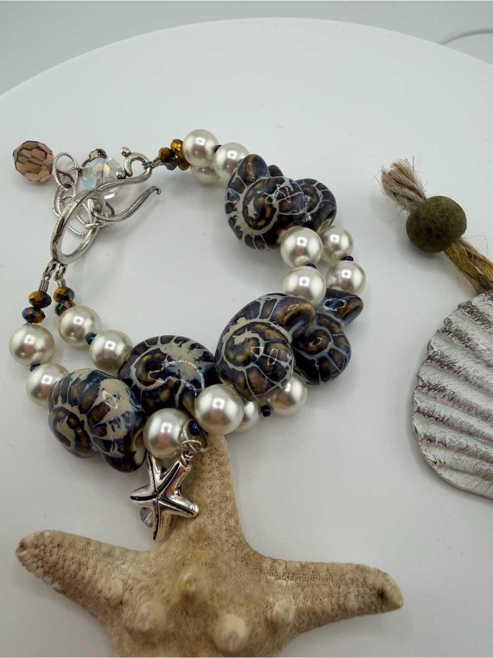 Handcrafted Beach Pearl & Seashell Charm Bracelet - Cream & Navy Bigger Wrists 💋